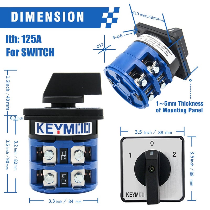 Keymoo 125A Rotary Changeover Switch with Master Switch Exterior Box, 660V 3 Position 2 Phase 8 Terminals, Universal Selector Switch Enclosure Box IP65 125/D202.2D - Image 5